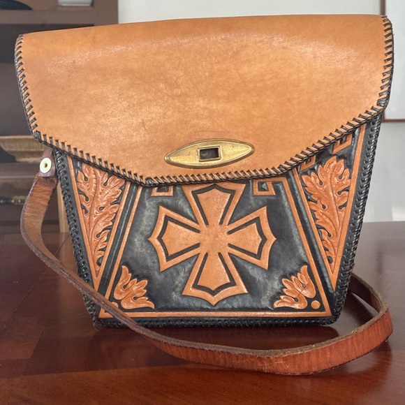 Vintage Hand Tooled Leather Purse Iron Cross - Picture 1 of 12